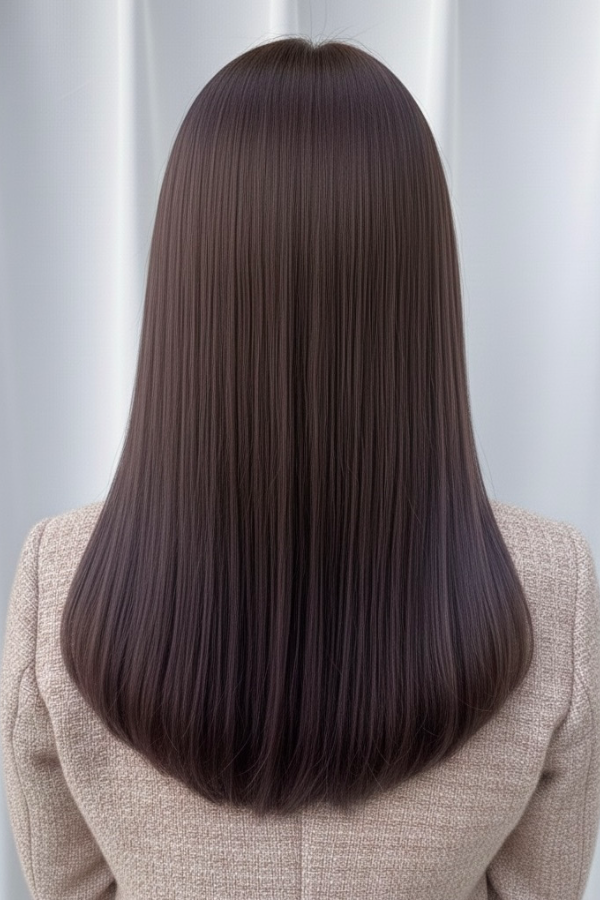 Hcolorオーガニックカラー施術後の髪。自然なツヤと透明感が生まれ、指通りなめらかでまとまりのある仕上がり