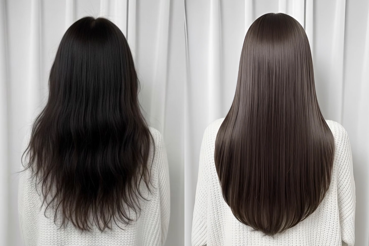 繰り返すカラーによるダメージ毛を髪質改善で整えたビフォーアフター