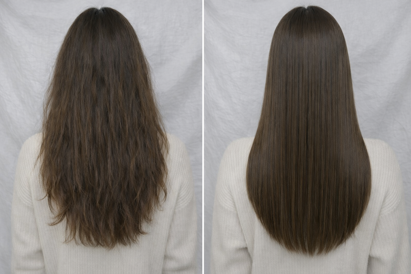 大阪梅田・福島の髪質改善縮毛矯正ビフォーアフター｜うねりと広がりのあるロングヘアが自然なツヤストレートへ改善した施術事例（ORGANIC SALON ENGARO）